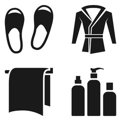 Hotel Room Facilities bathrobe, slippers, towel, toiletries flat simple icon isolated on white background. In Bathroom equipment bathrobe, slippers, towel, toiletries.