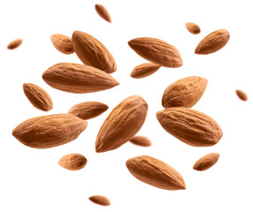 Almond nuts levitate on a white background