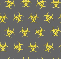 Biohazard, seamless pattern, gray, flat. Biological weapons, yellow badges on a gray field. Vector flat background.  