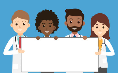Medical team holding empty sign board for health advertisements - Vector illustration