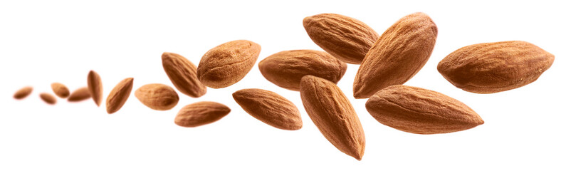 Almond nuts levitate on a white background