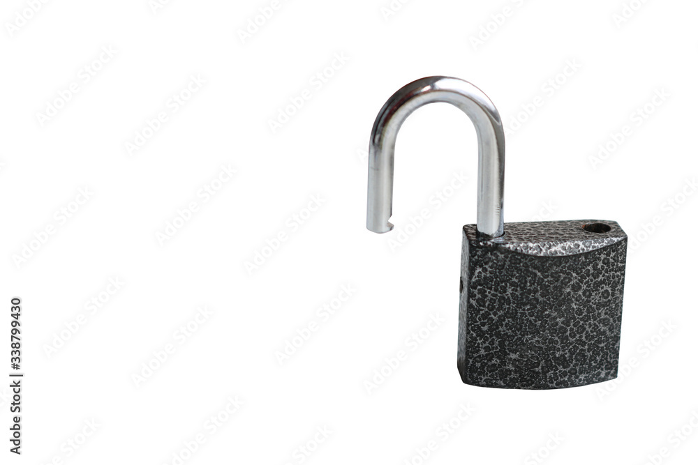 Wall mural Open iron padlock. Burglar resistant. Isolated. Close-up.