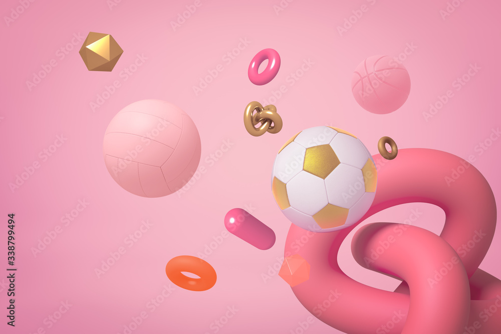 Poster 3d rendering of miscellaneous objects and shapes floating on pastel pink background.