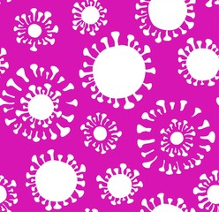 Virus, seamless pattern, solid color, purple. Virus strain. White flat images on a purple field. Vector image.  