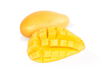 Closeup ripe mango tropical fruit slice isolated on white background