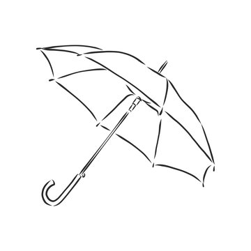 Umbrella coloring, linear drawing, outline, vector sketch, icon, monochrome, contour illustration. Black and white open umbrella