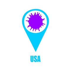 Abstract virus simple silhouette and location pointer. Coronavirus pandemic concept. USA text
