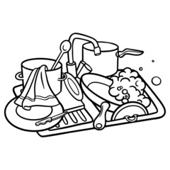 monochrome comic drawing of a sink with dirty dishes. coloring page.