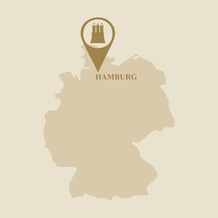 Travel template. Hamburg city coat of arms element in location pointer. Map of Germany
