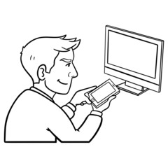 a man controls his television with his smartphone.