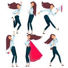 Set of poses standing businesswoman with different emotions and expressions.
