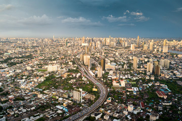 Fototapeta premium aerial mega bangkok city in the sunset time 