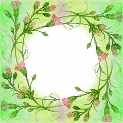 Obraz premium Carnation flowers on the background of watercolor. Branches with buds and leaves. Botanical watercolor. Use printed materials, signs, objects, sites, maps, posters, postcards, packaging.