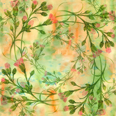 Carnation flowers on the background of watercolor. Seamless background. Branches with buds and leaves. Use printed materials, signs, objects, sites, maps, posters, postcards, packaging.