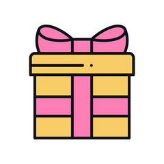 Gift box with ribbon in line style. Present, giftbox. Party, celebration, birthday, holidays theme. Vector illustration.