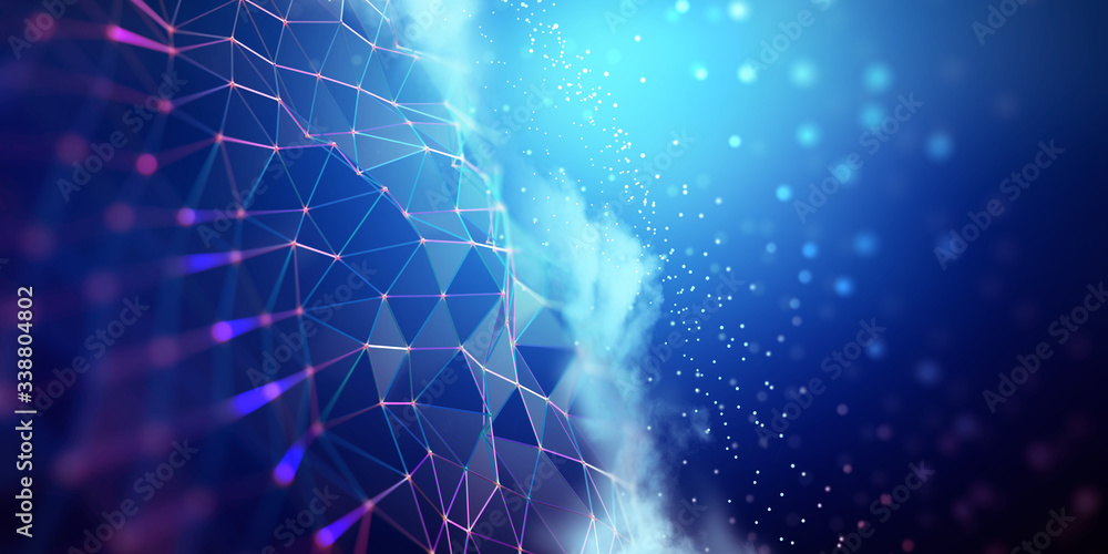 Poster Big data and cybersecurity 3D illustration. Neural network and cloud technologies. Global database and artificial intelligence. Bright, colorful background with bokeh effect