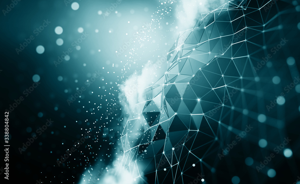 Poster Big data and cybersecurity 3D illustration. Neural network and cloud technologies. Global database and artificial intelligence. Bright, black and white background with bokeh effect