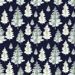 Fototapeta premium Seamless pattern with Christmas trees on a dark background. 
