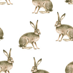 seamless pattern with brown wild hares on a white background, watercolor illustration .close-up