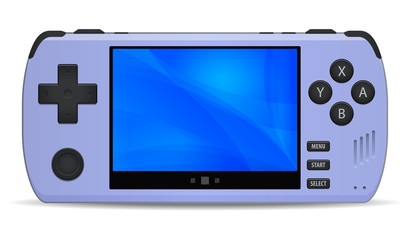 Game console portable handheld light violet icon isolated on background. Multimedia or Computer Video Games portable hand held retro game console. © graphego