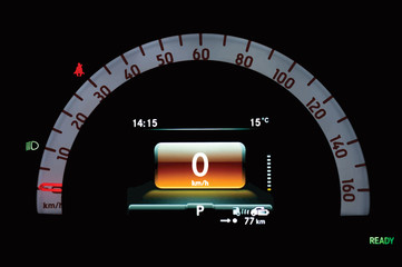 Illustration of illuminated circular speedometer in full electric vehicle. Car cluster with analogue and digital speed gauge. Instrument panel with seat belt reminder and dipped beam headlights icon.