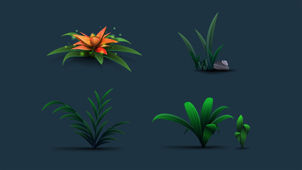 Fototapeta na wymiar A collection of exotic flowers and shrubs for your creativity. Isolated tropical plants in cartoon style. Three-dimensional plant icons