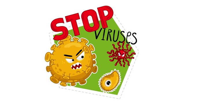 Virus animation. Cartoon viruses characters isolated video illustration on white background. Cute fly germ virus infection video characters. Funny micro bacteria characters. Stop viruses symbol.