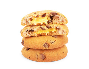 Chocolate chip cookie with orange filling on a white background