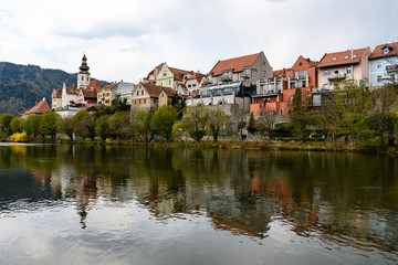 Panorama of the riverside in Frohnleiten, Styria, Austria on a cloudy day