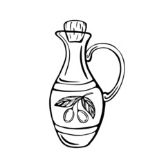 Hand-drawn set of olive oil bottle isolated on a white background. Extra virgin olive oil. Vintage style. Vector illustration in Doodle style