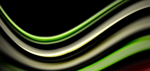 Abstract silk smooth lines on black, multicolored liquid fluid rainbow style waves on black