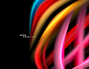 Silk smooth lines on black, liquid fluid color waves. Vector Illustration