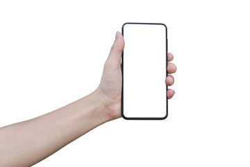 hand holding black smart phone white screen mockup, Isolated on black background with clipping path.