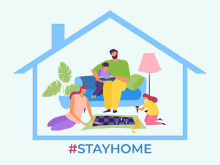 Stay home, family stop virus spread vector illustration. Parents and children spend quarantined time together. Mother play chess with daugther, father read book for son, self-isolation.