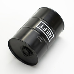 black iron barrel with the inscription igniting liquid NEFT lies on the white background