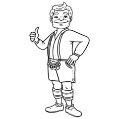 comic drawing of a bavarian with lederhose. coloring page, tradition, thumbs up, germany.