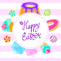 Happy Easter, festive banner. Different sweets, pastries and baking on the striped background. Easter cake, cupcake, marshmallow, lollipop, candy. Vector illustration of greeting card.
