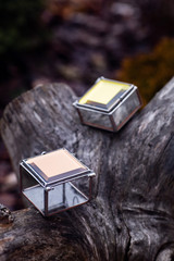 Jewerly glass boxes on the wooden stump