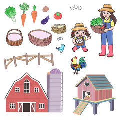 Various illustrations related to the farm, including farmers, animals, barns, chicken coops, vegetables, fences, etc.