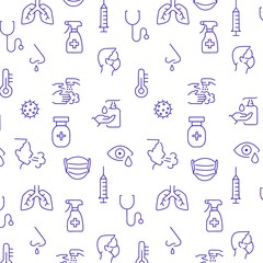 Medicine hand drawn doodle icons set about health care, pandemic, virus, pneumonia, hospital  