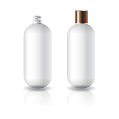 Blank white oval round cosmetic bottle with plain screw lid for beauty product packaging. Isolated on white background with reflection shadow. Ready to use for package design. Vector illustration.