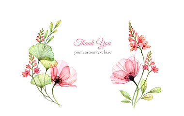 Watercolor floral card template. Abstract poppy flower with ginkgo leaves in wreath shape. Thank you card with custom text. Botanical illustration for greeting cards, wedding, invitations