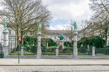 Petit Sablon Square, park with sculptures and statues in honor to the Counts of Egmont and Hoorne in old part town of Brussels, Belgium - selective focus