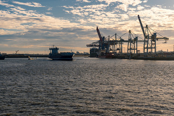 Fototapeta na wymiar Hamburg container port with some ships loading and cranes transporting container to the freighters at sunset/twilight