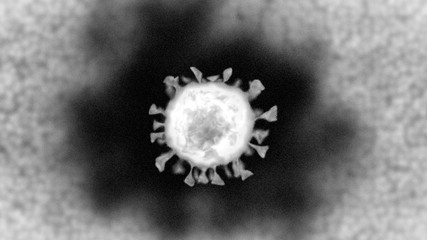 Realistic computer-generated micrograph showing a single coronavirus particle as seen under a transmission electron microscope.