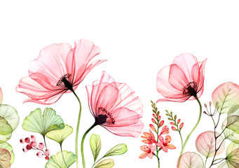 Naklejki  Watercolor Poppy seamless border. Horizontal repetitive pattern. Abstract pink flowers with leaves and fresia branches on white. Botanical illustration for cards, wedding design