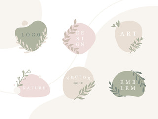 Set of minimal emblems with organic abstract shapes and leaves in pastel colors. Fashion collection. Vector design template for logo, tag, emblem, etc.