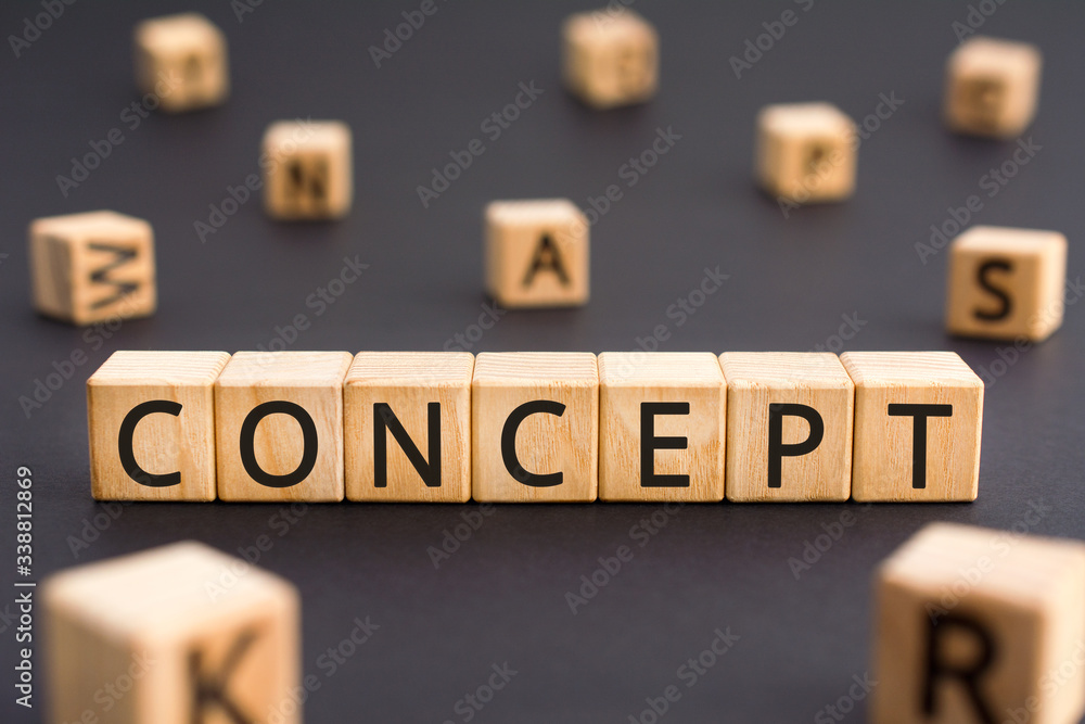 Poster concept - word from wooden blocks with letters, an abstract idea concept, random letters around whit
