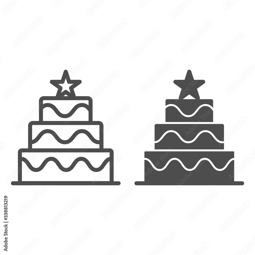 Poster cake with star line and solid icon. big festive cake outline style pictogram on white background. ch