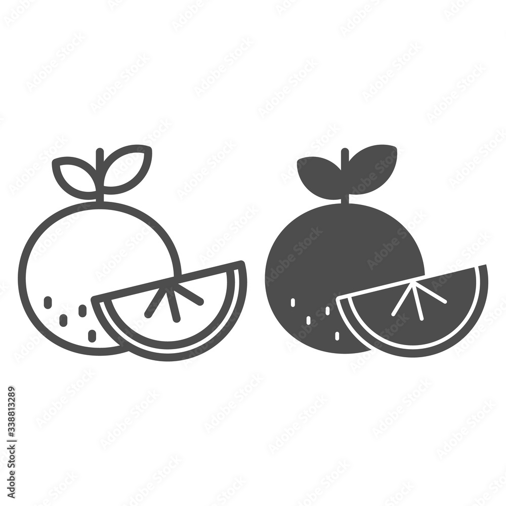 Poster orange and slice line and solid icon. fresh ripe oranges with leaves outline style pictogram on whit